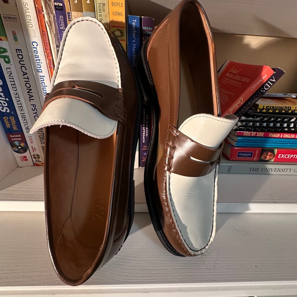 Zara Brown and Cream Leather Penny Loafers - Picture 12 of 14